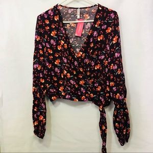 xhilaration Top Womens Size L Purple Floral Long Sleeve Wrap side tie Crop Boho